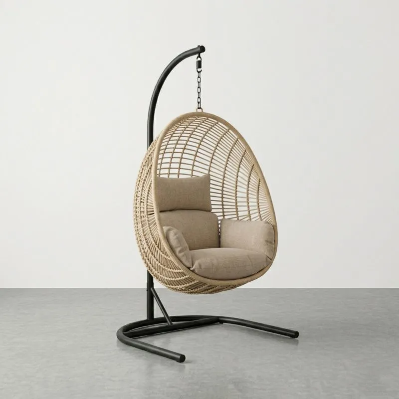 Silla Colgante de Ratán Sintético y Acero con Cojines de Algodón Beige-seltrivaria