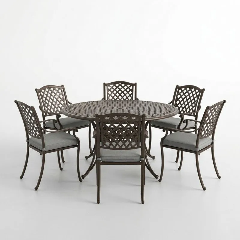 Conjunto de Mesa Redonda y 6 Sillas de Metal Marrón con Cojines-seltrivaria