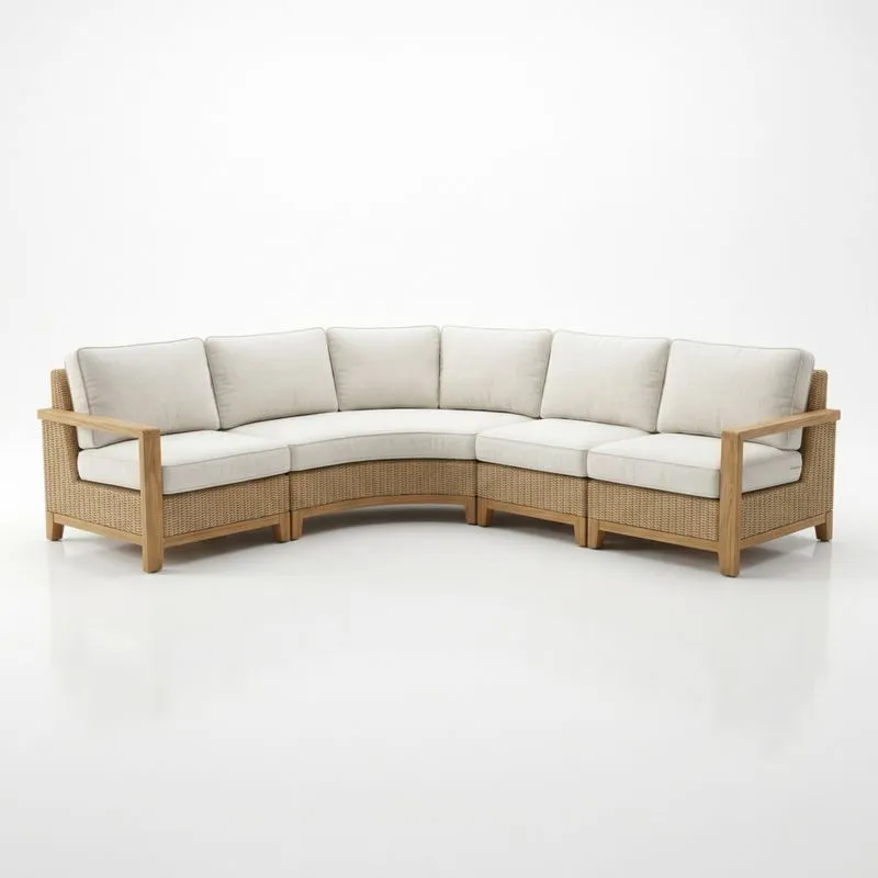 Sofá Modular Curvo Beige de Ratán y Madera de Teca-seltrivaria