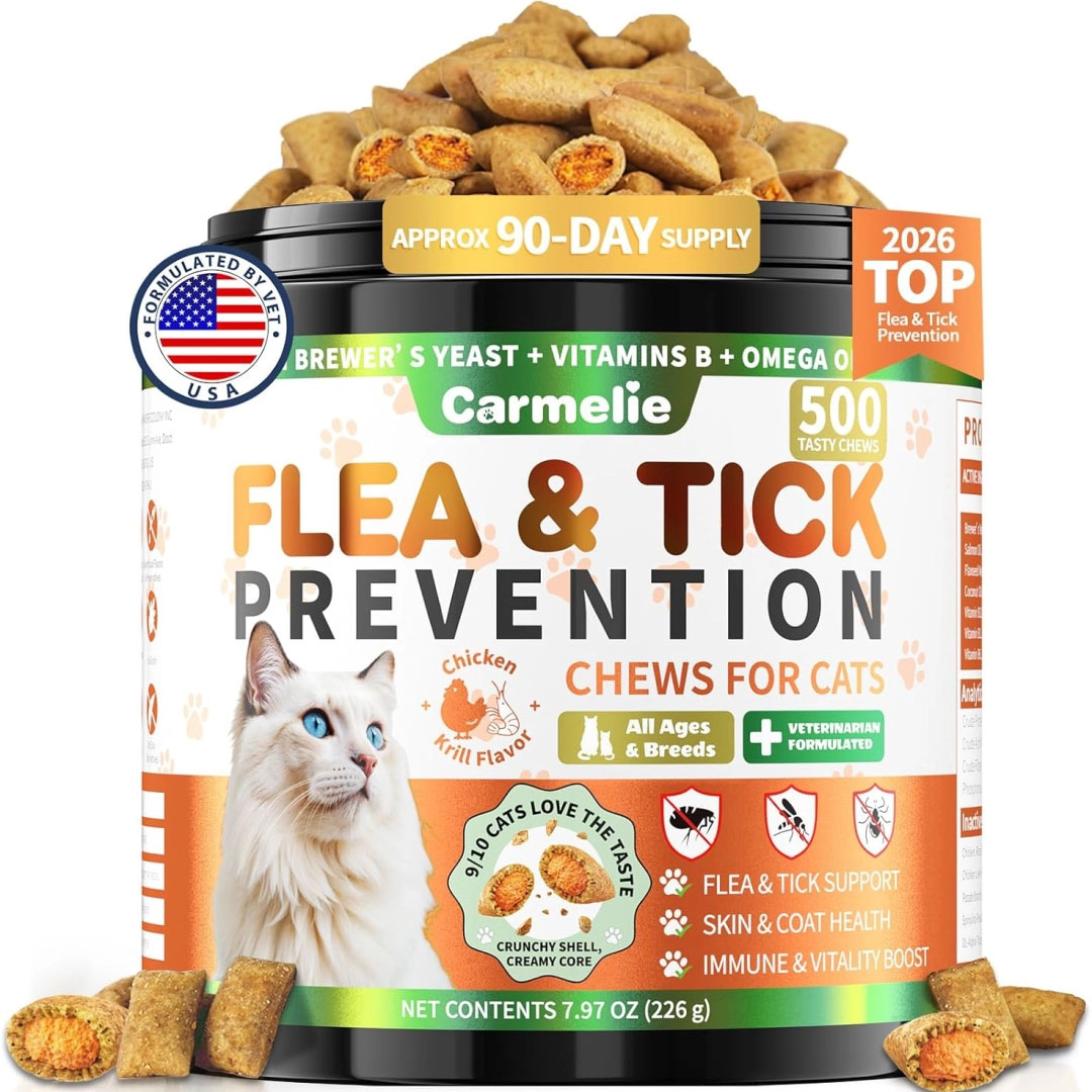 500ct Crunchy & Creamy Cat Flea Chews | Natural Oral Defense with Krill Oil | Chicken & Krill Flavor