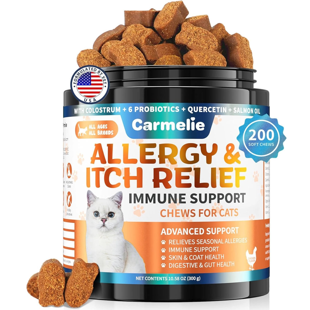 Cat Allergy Relief Chews | 200ct Omega-3 & Probiotic Formula | Relieves Itchy Skin & Paw Licking | Chicken Flavor