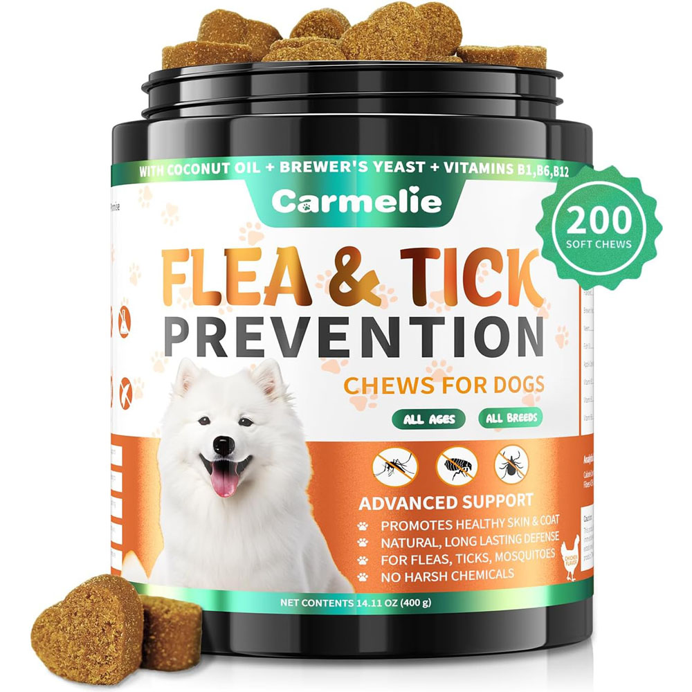 Carmelie Flea and Tick Prevention for Dogs Chewables - 200 Soft Chews Natural Dog Flea and Tick Chewables, Oral Flea Supplement for Dogs, Puppy Flea Support - All Breeds & Ages - Chicken Flavor