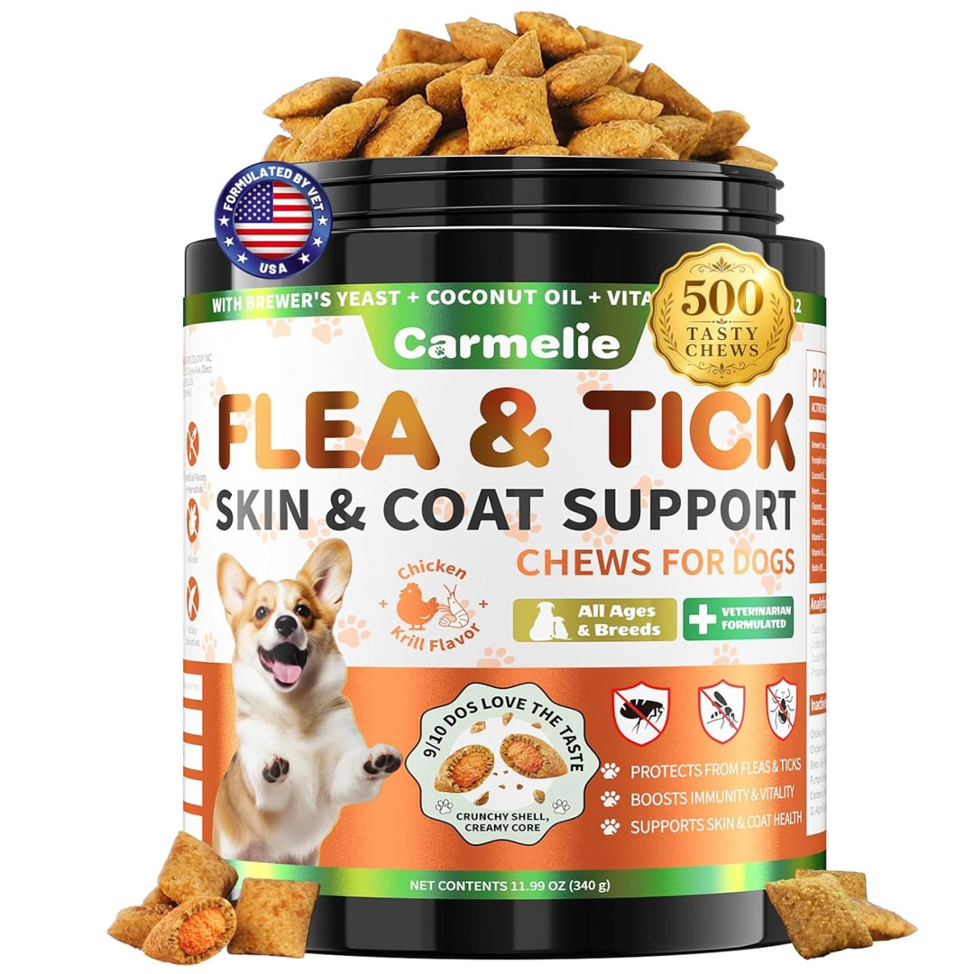 500ct Dog Flea & Tick Defense | Multi-Benefit Chews with Krill Oil & Vitamins | Crunchy Chicken Flavor