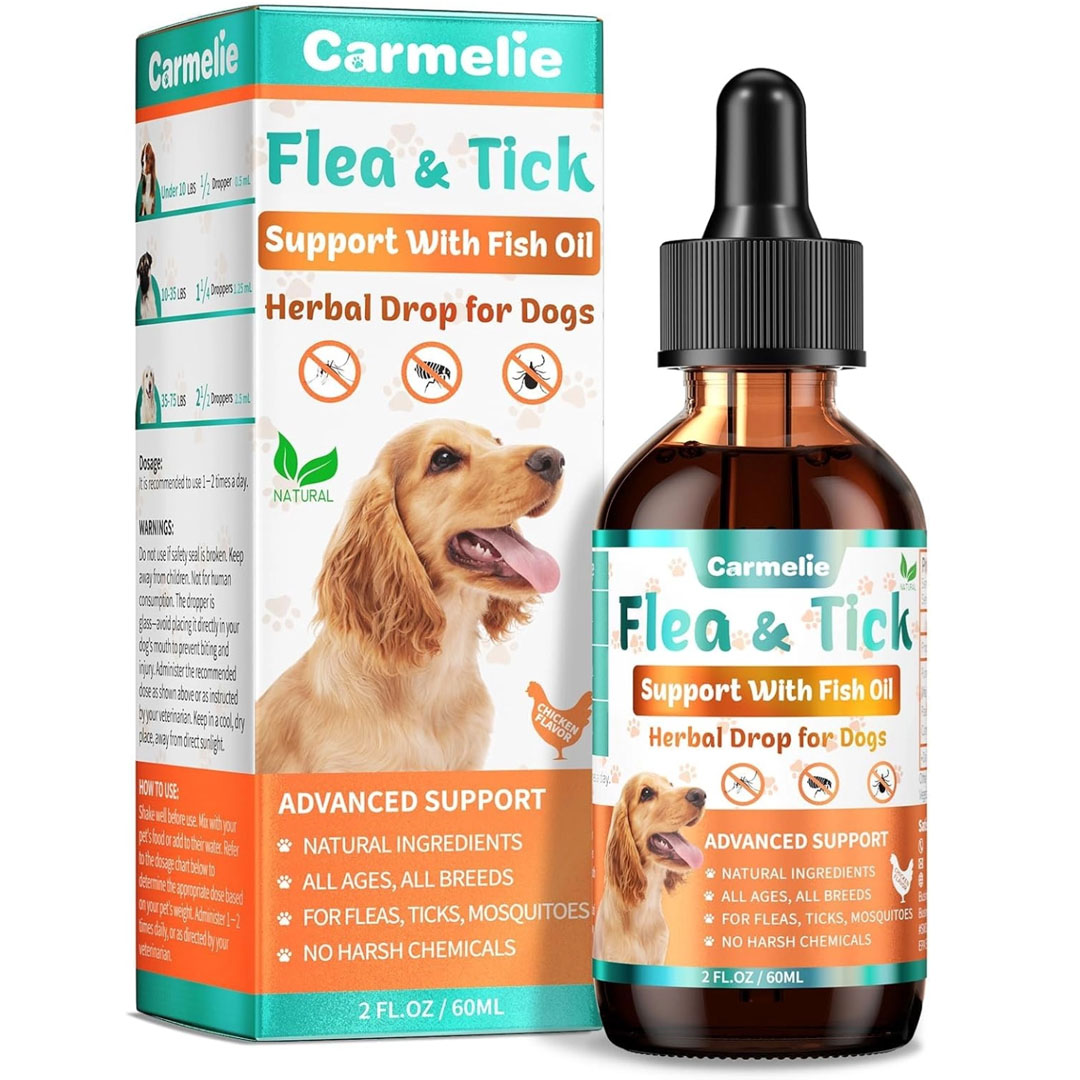 Natural Flea & Tick Support Drops with Omega-3 – Chicken Flavor Oral Supplement for Dogs