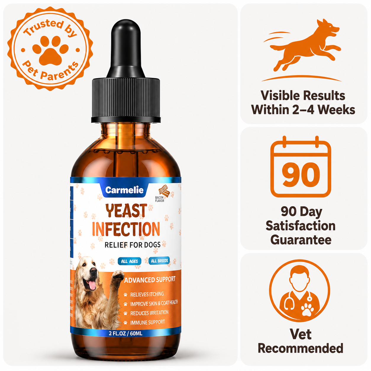 Carmelie Natural Yeast Infection Relief Drops for Dogs - Itch & Ear Discomfort Support, Allergy & Inflammation Relief