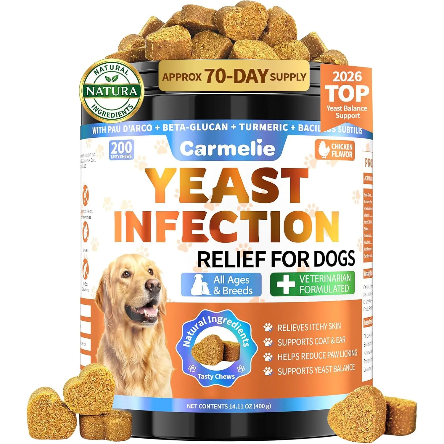 Carmelie Cat Allergy Relief Chews | 200ct Omega-3 & Probiotic Formula | Relieves Itchy Skin & Paw Licking | Chicken Flavor