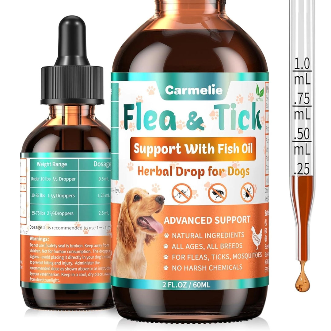 Natural Flea & Tick Defense Drops | With Fish Oil for Skin & Coat Health | Herbal Oral Formula | Chicken Flavor