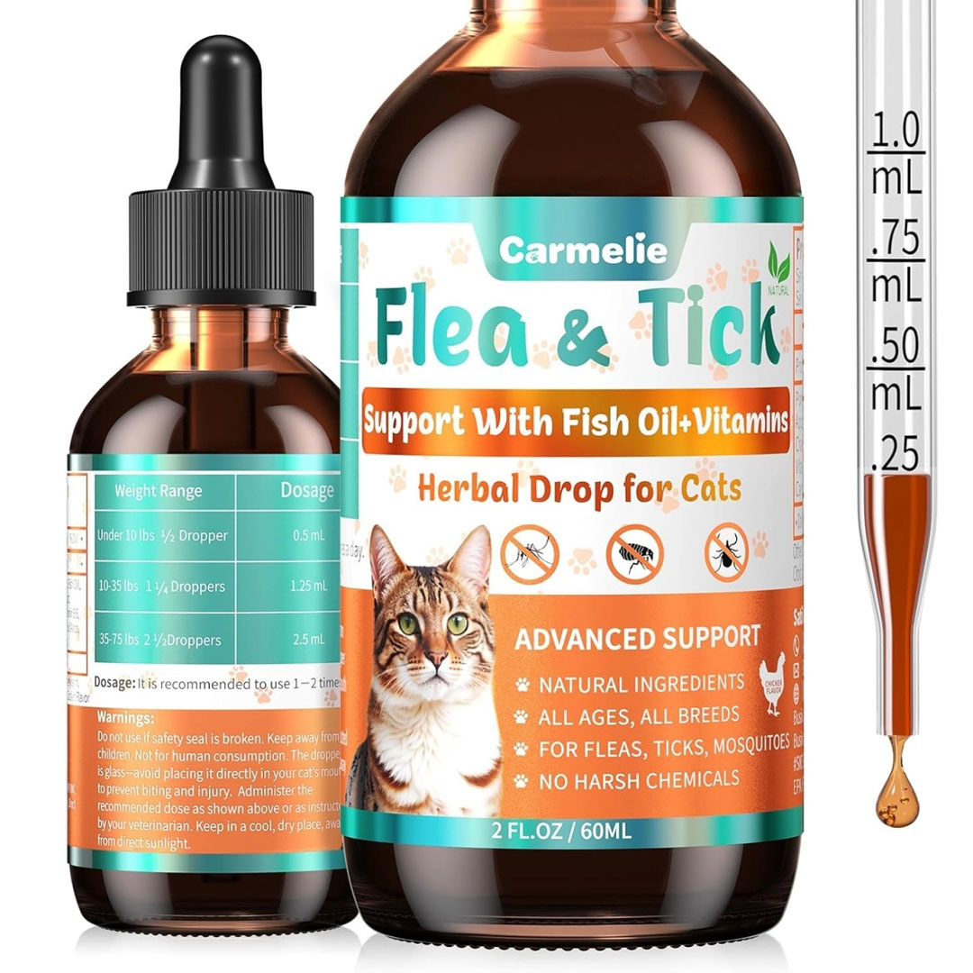 Natural Flea & Tick Defense Drops for Cats | With Fish Oil & Vitamins for Skin & Coat Health | Savory Chicken Flavor