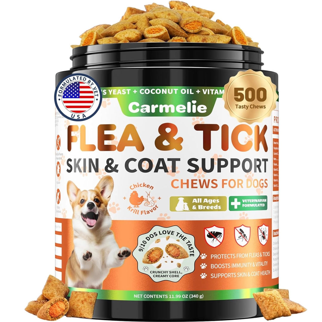 500ct Dog Flea & Tick Defense | 2-in-1 Support for Skin & Coat Health | With Krill Oil & Vitamins | Chicken Flavor