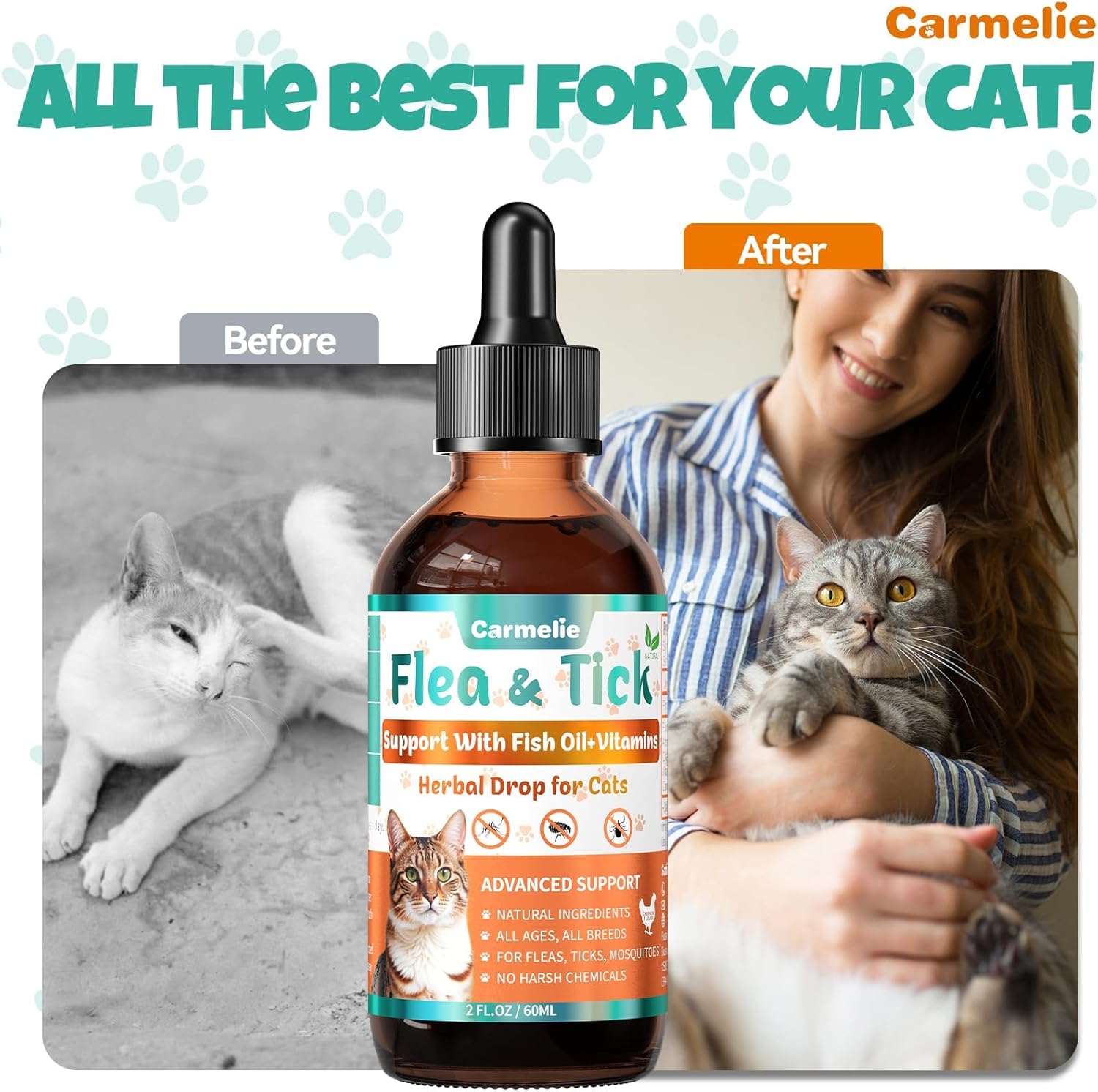 Flea and Tick Prevention for Cats, Natural Cat Flea Liquid Drops, Flea & Tick Supplement with Vitamins & Fish Oil for Cats Healthy Skin & Coat - All Breeds, Kittens to Senior Cat - Chicken Flavor
