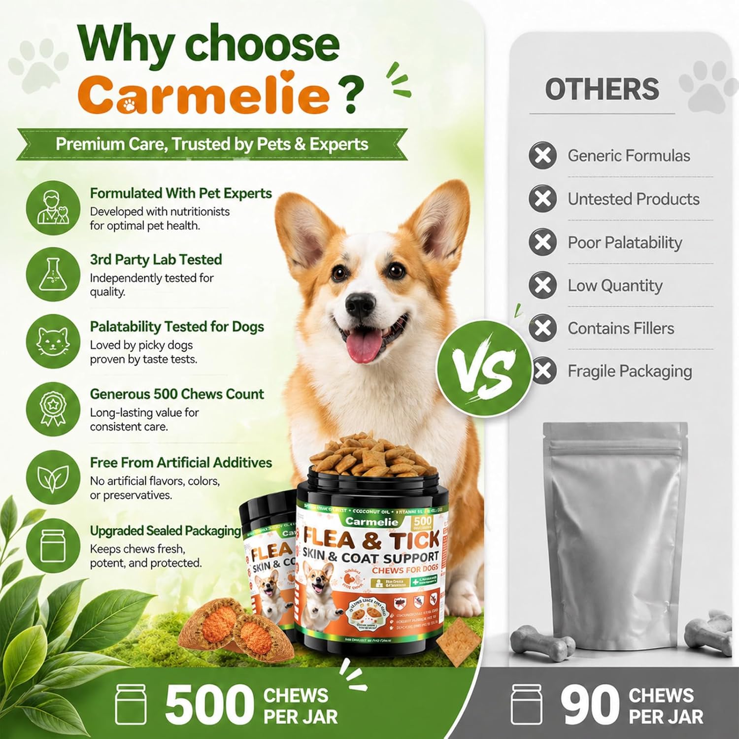 Flea and Tick Prevention for Dogs Chewables, 500ct Dog Flea and Tick Treatment with Multivitamins - Support Skin & Coat - Tasty Treats for All Breeds - Crunchy & Savory Chicken and Krill Flavor