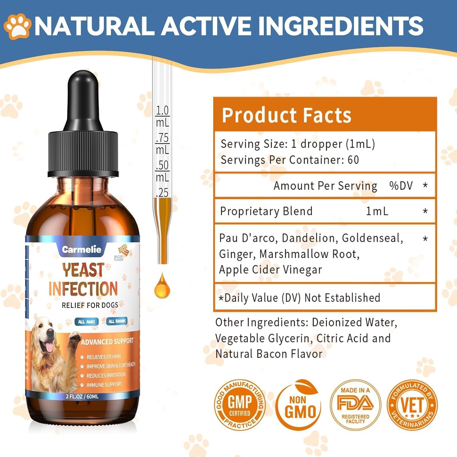 Carmelie Natural Yeast Infection Relief Drops for Dogs - Itch & Ear Discomfort Support, Allergy & Inflammation Relief-carmelie