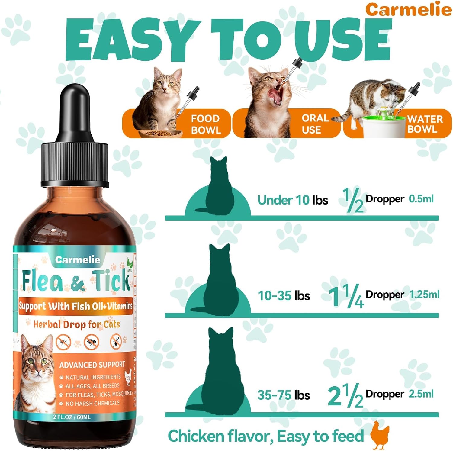 Flea and Tick Prevention for Cats, Natural Cat Flea Liquid Drops, Flea & Tick Supplement with Vitamins & Fish Oil for Cats Healthy Skin & Coat - All Breeds, Kittens to Senior Cat - Chicken Flavor