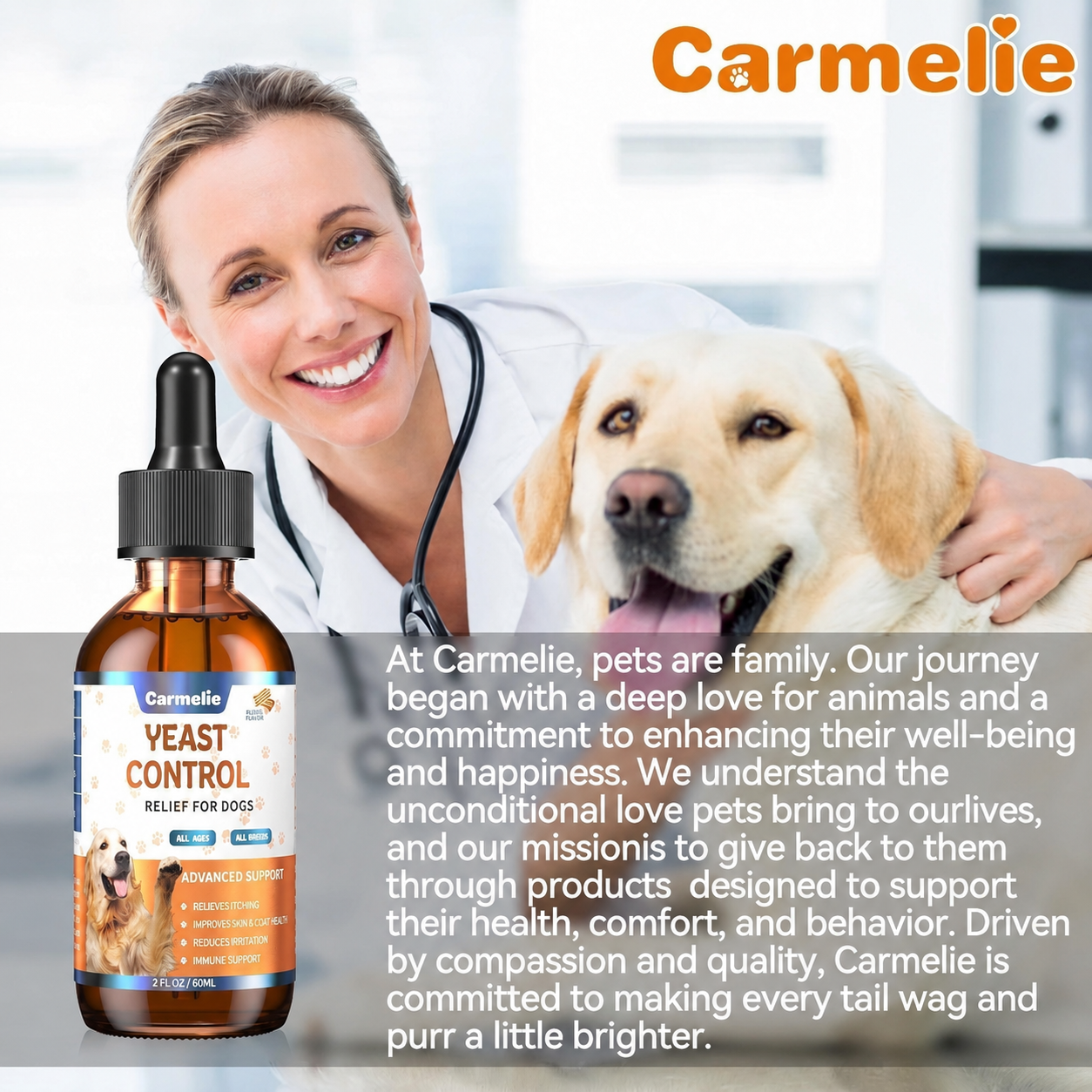 Carmelie Dog Ear, Paw & Skin Comfort Drops | Daily Oral Support for Skin, Coat & Ear Wellness | Bacon Flavor, 60ml