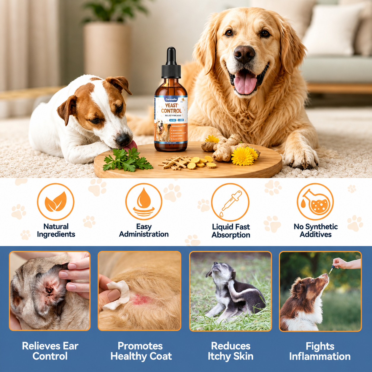 Carmelie Dog Ear, Paw & Skin Comfort Drops | Daily Oral Support for Skin, Coat & Ear Wellness | Bacon Flavor, 60ml