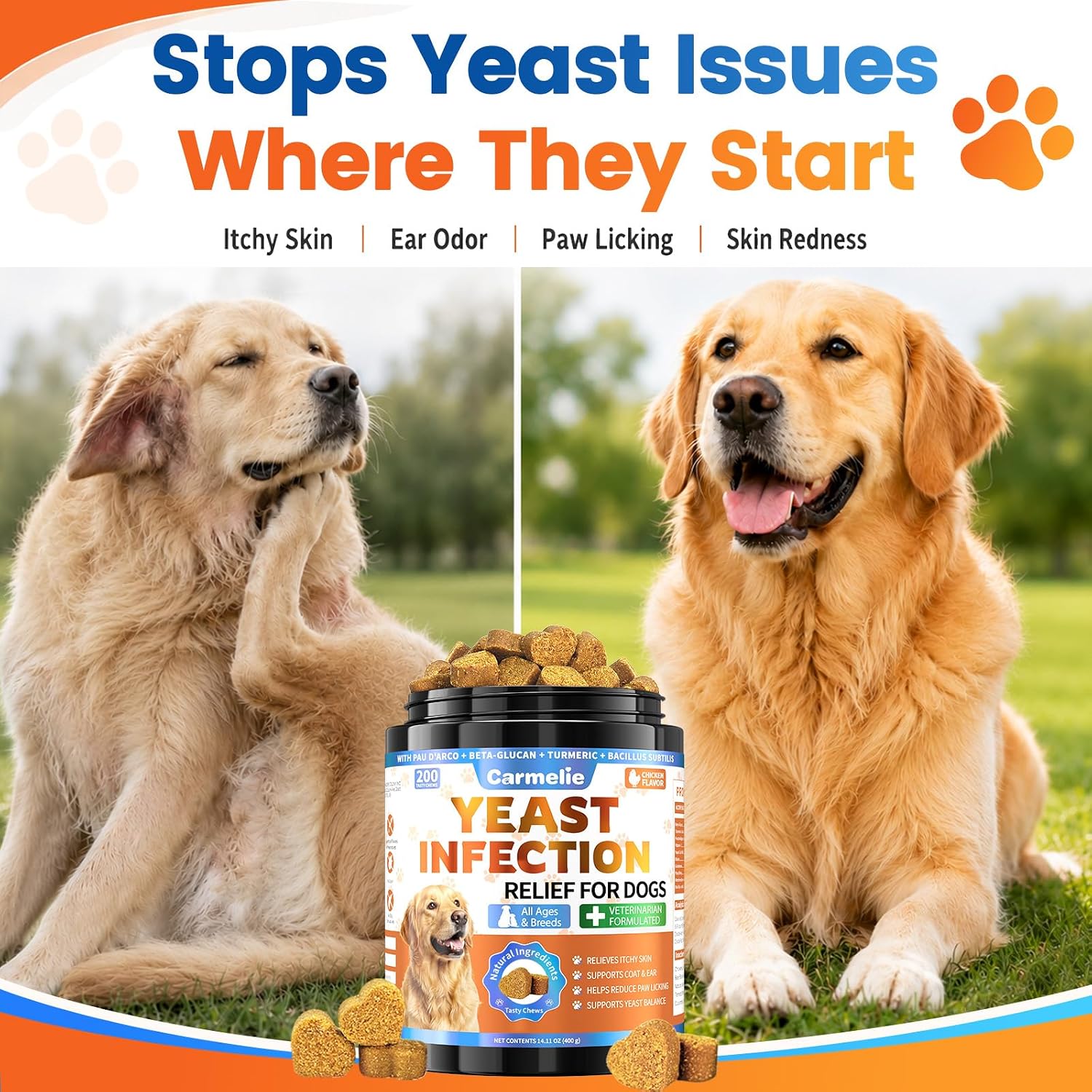 Carmelie Yeast Infection Treatment for Dogs - 200 Chews, Advanced Yeast Balance & Itch Relief, Allergy Support & Ear/Paw Odor Care for All Dog Ages