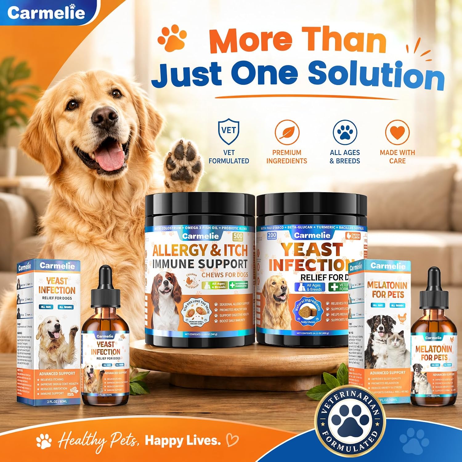 Carmelie Yeast Infection Treatment for Dogs - 200 Chews, Advanced Yeast Balance & Itch Relief, Allergy Support & Ear/Paw Odor Care for All Dog Ages