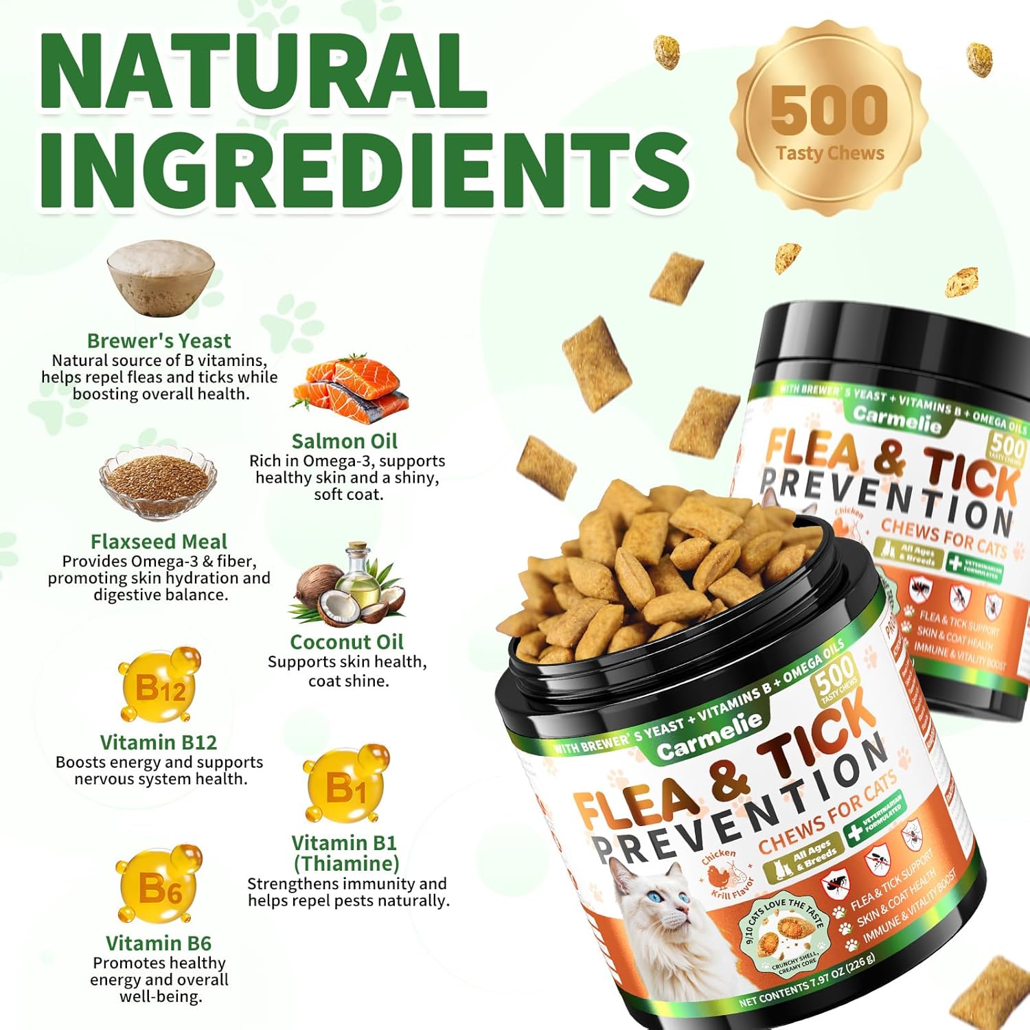 Flea and Tick Prevention for Cats, 500 Crunchy & Creamy Chews, Cat Flea Chewables with Natural Oral Flea Treatment Supplement Cats, Skin & Coat Support - All Breeds & Ages - Chicken and Krill Flavor
