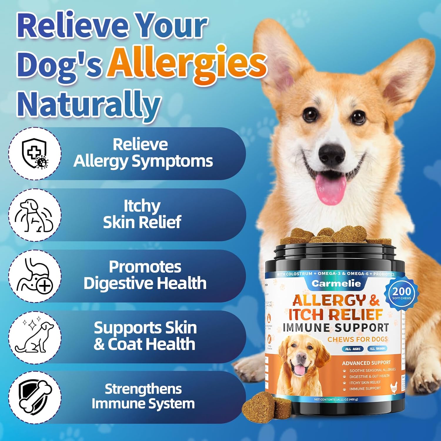 Carmelie Dog Allergy Relief Chews - Dog Itching Skin Relief 200 Chews, Yeast Treatment & Anti Itch Licking Paw, Itchy Skin and Ears for Seasonal Allergies, Probiotics Gut Digestive & Immune Support