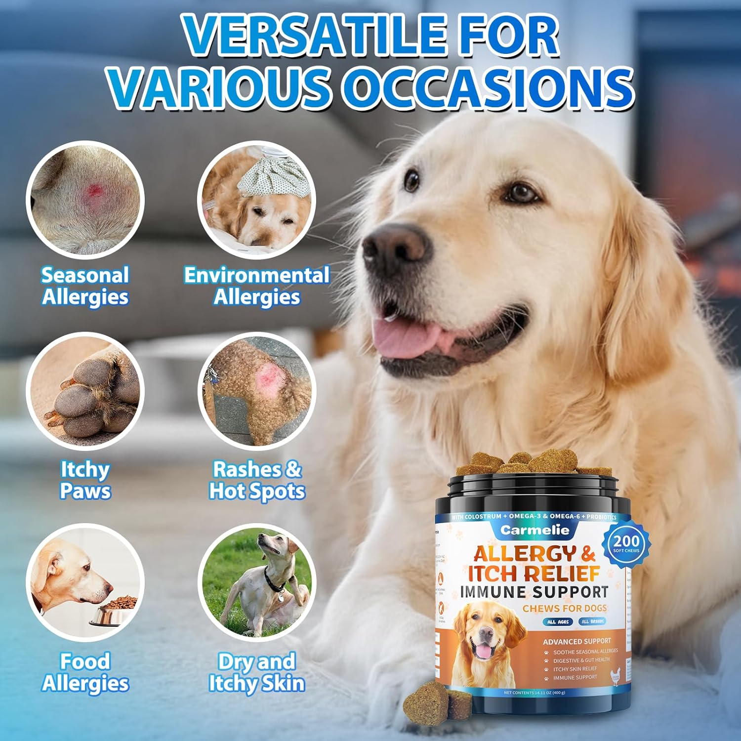 Carmelie Dog Allergy Relief Chews - Dog Itching Skin Relief 200 Chews, Yeast Treatment & Anti Itch Licking Paw, Itchy Skin and Ears for Seasonal Allergies, Probiotics Gut Digestive & Immune Support