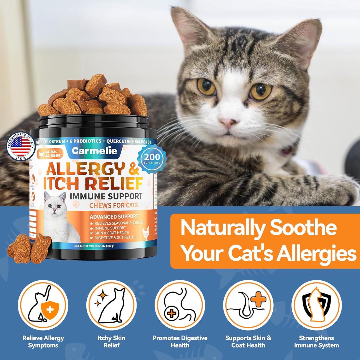 Cat Allergy Relief Chews | 200ct Omega-3 & Probiotic Formula | Relieves Itchy Skin & Paw Licking | Chicken Flavor