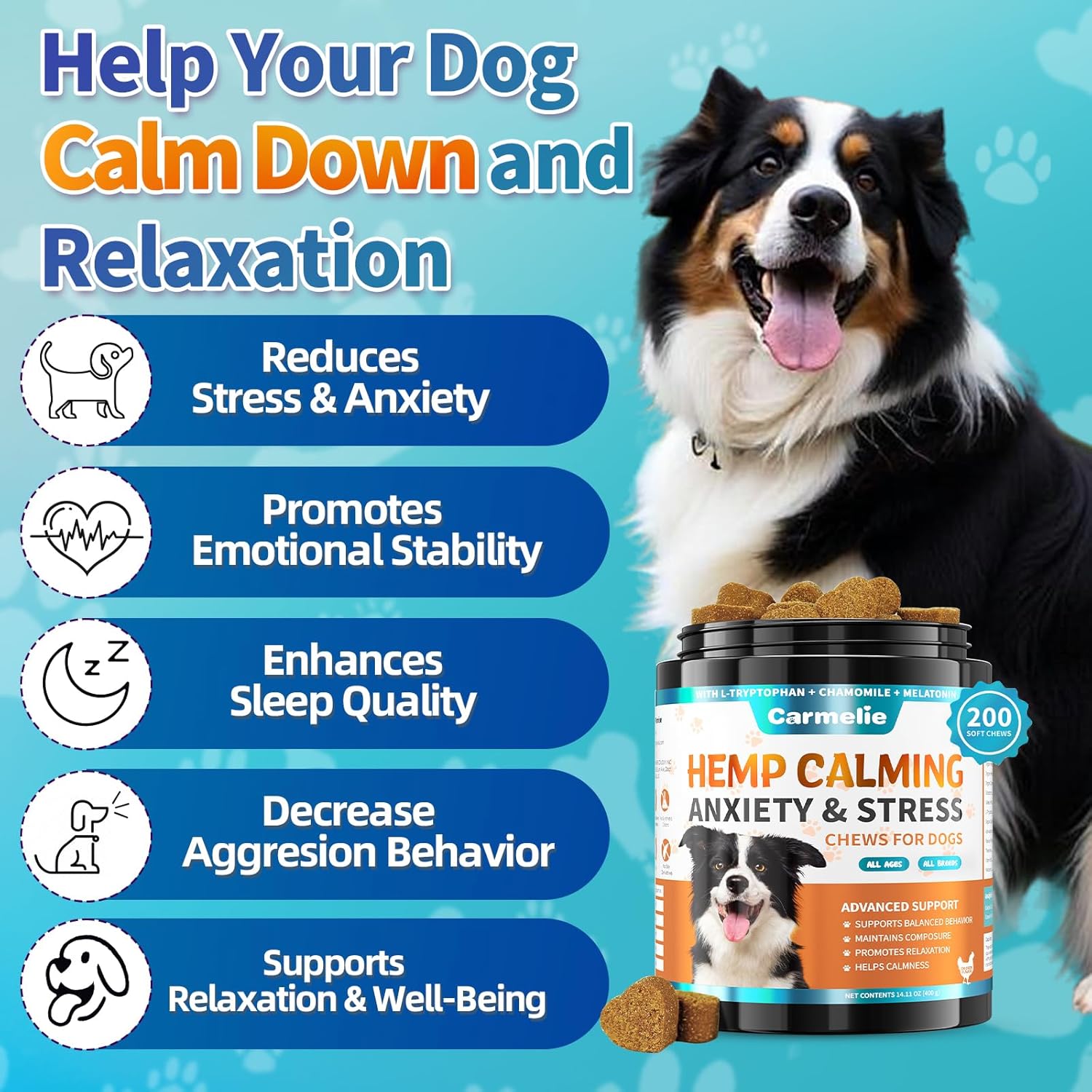 Carmelie Hemp Calming Chew for Dog - 200 Chews Dog Calming Treats -Dogs Anxiety & Stress Relief Valerian Root Chamomile Melatonin for Separation, Barking, Stress & Slee- Chicken Flavor