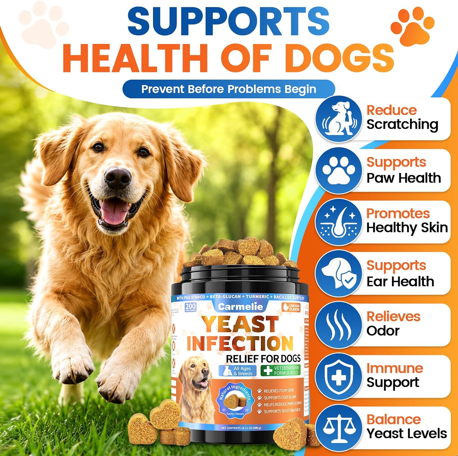 Carmelie Yeast Infection Treatment for Dogs - 200 Chews, Advanced Yeast Balance & Itch Relief, Allergy Support & Ear/Paw Odor Care for All Dog Ages