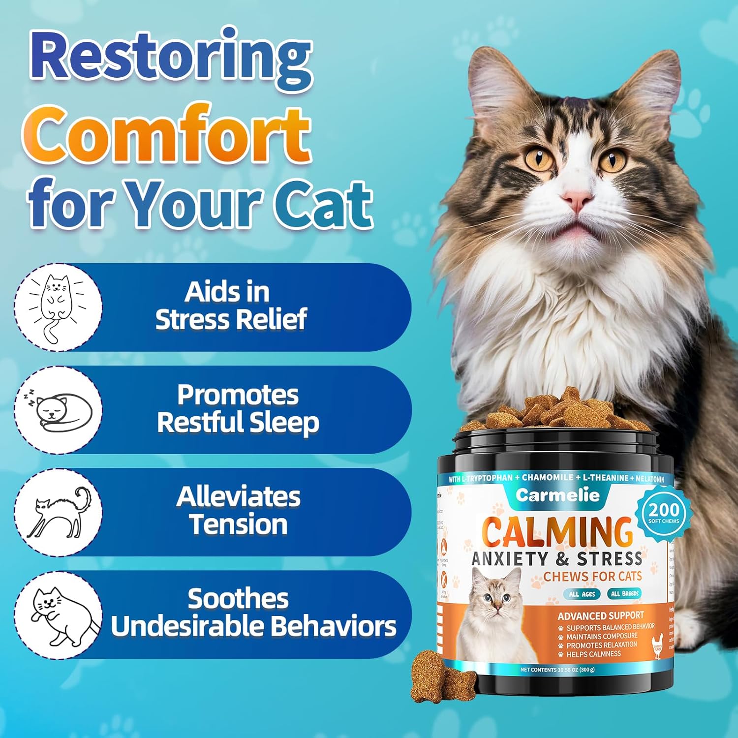 Carmelie Cat Hemp Calming Treats - 200 Count - Calming Chew for Cat - Calming Treats for Cats with Valerian Root Chamomile Melatonin for Cat Anxiety Relief, Storms, Travel, Separation - Chicken Flavor