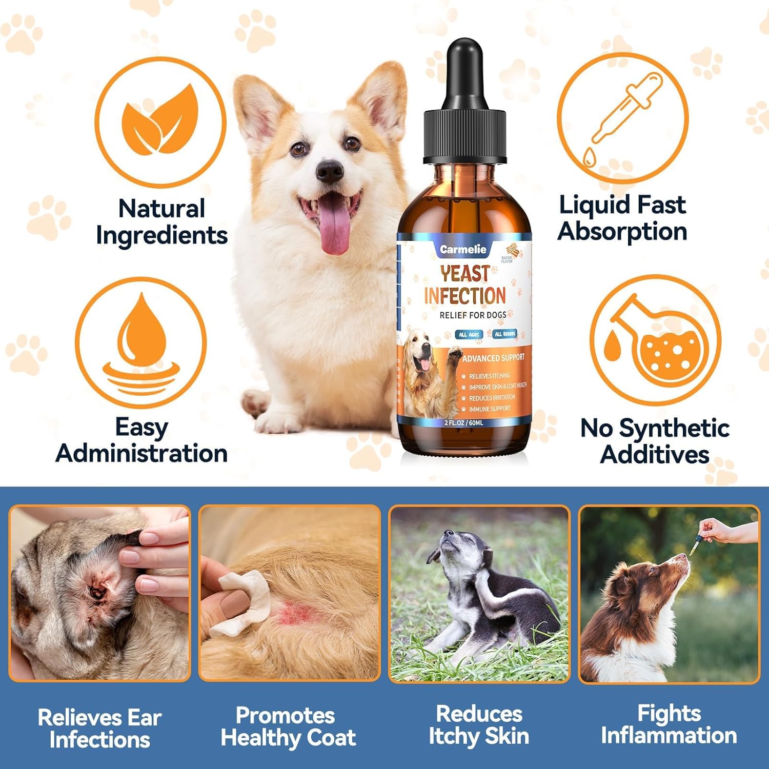 Carmelie Natural Yeast Infection Relief Drops for Dogs - Itch & Ear Discomfort Support, Allergy & Inflammation Relief-carmelie