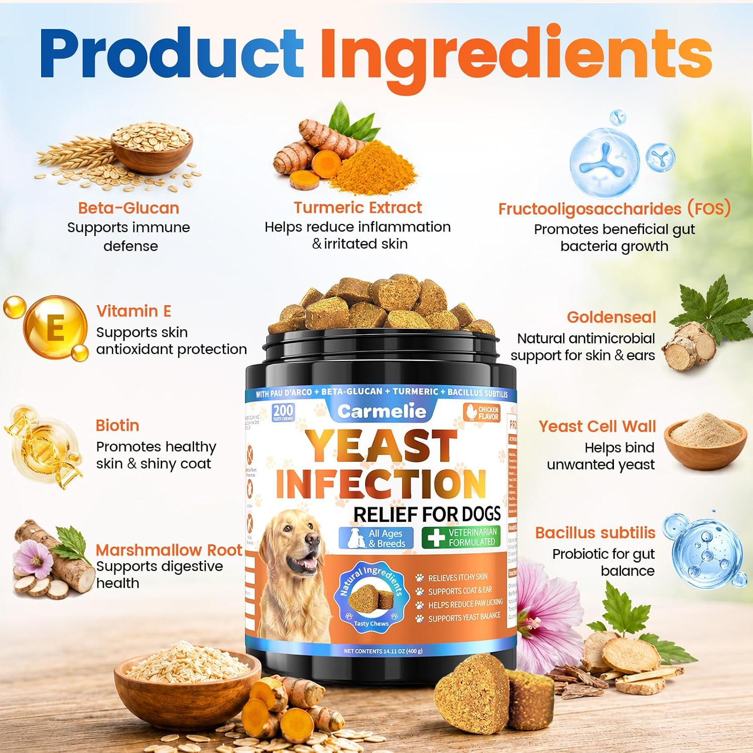 Carmelie Yeast Infection Treatment for Dogs - 200 Chews, Advanced Yeast Balance & Itch Relief, Allergy Support & Ear/Paw Odor Care for All Dog Ages