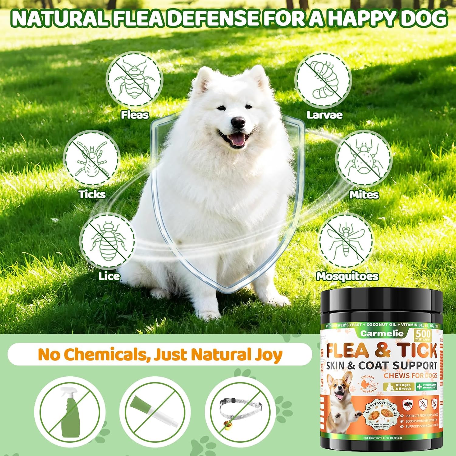 Flea and Tick Prevention for Dogs Chewables, 500 Crunchy & Savory Dog Flea and Tick Treatment with Multivitamins - Support Skin & Coat - Tasty Treats for All Breeds & Ages - Chicken and Krill Flavor