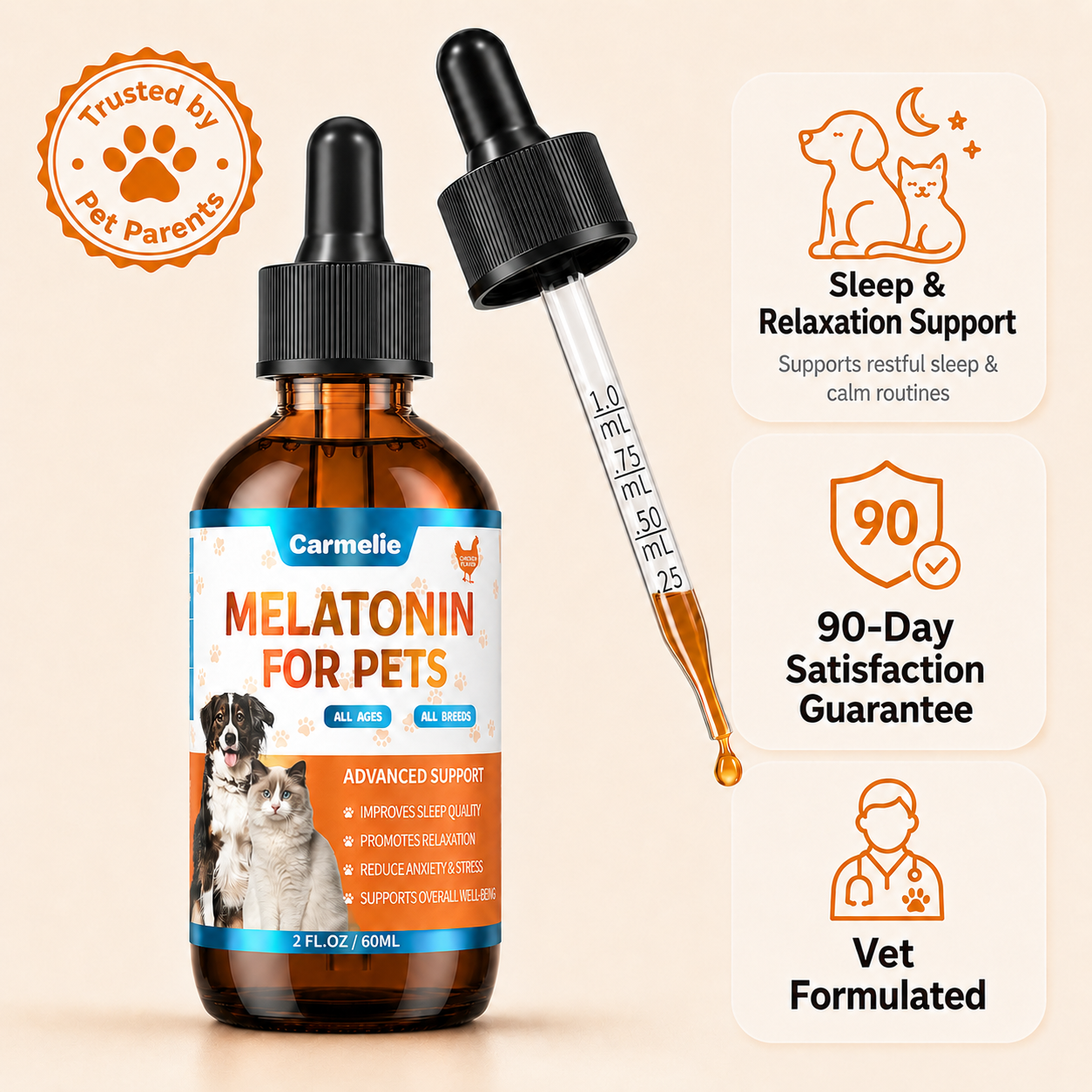 Carmelie Melatonin Sleep Support Drops for Dogs & Cats