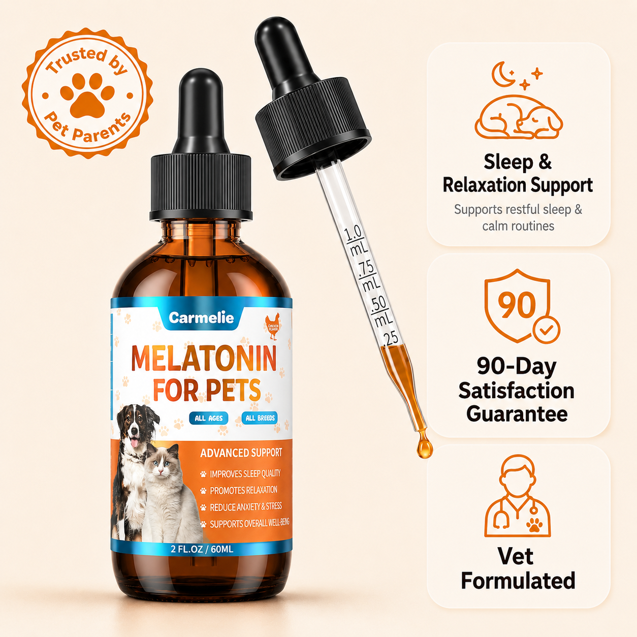 Carmelie Melatonin Sleep Support Drops for Dogs & Cats