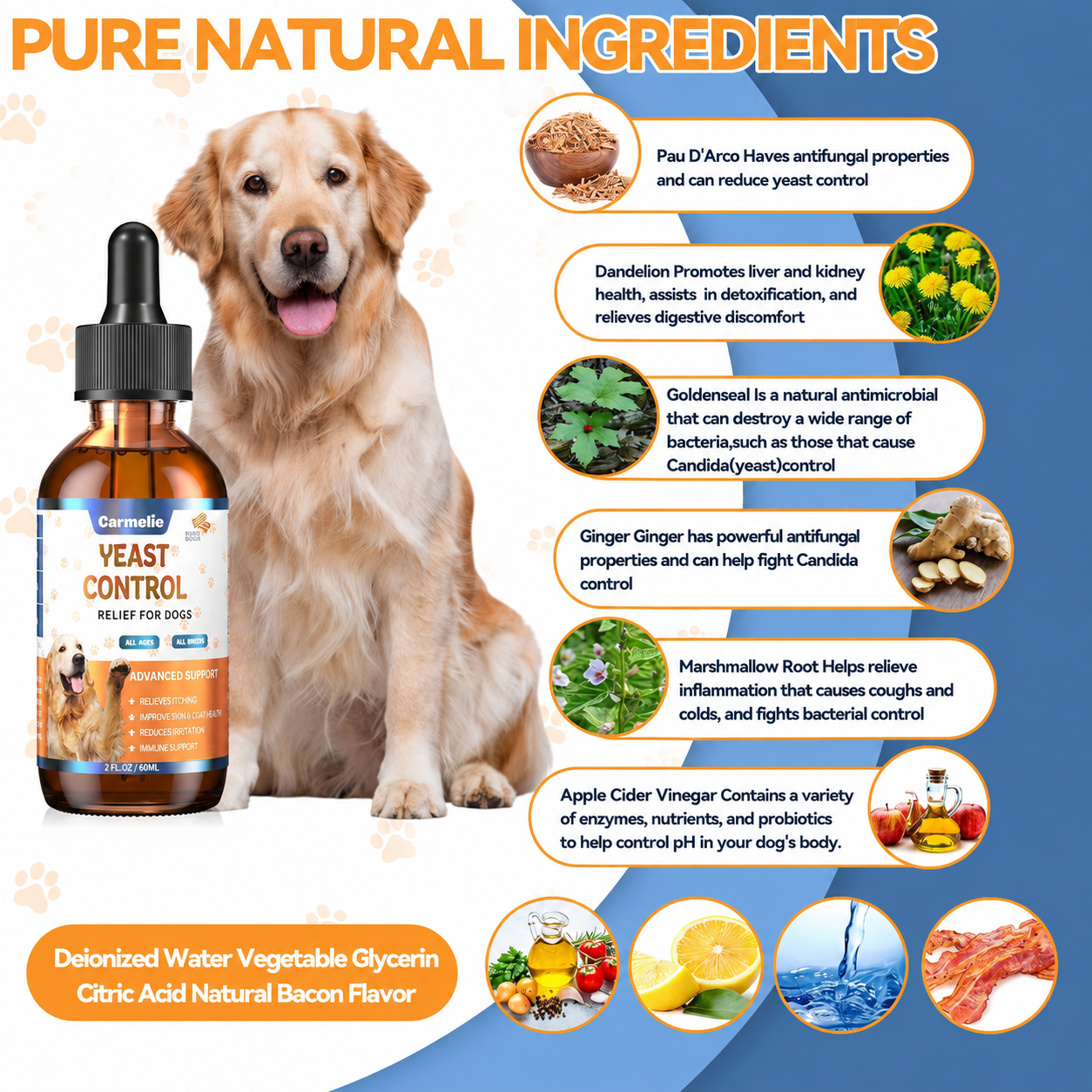 Carmelie Dog Ear, Paw & Skin Comfort Drops | Daily Oral Support for Skin, Coat & Ear Wellness | Bacon Flavor, 60ml