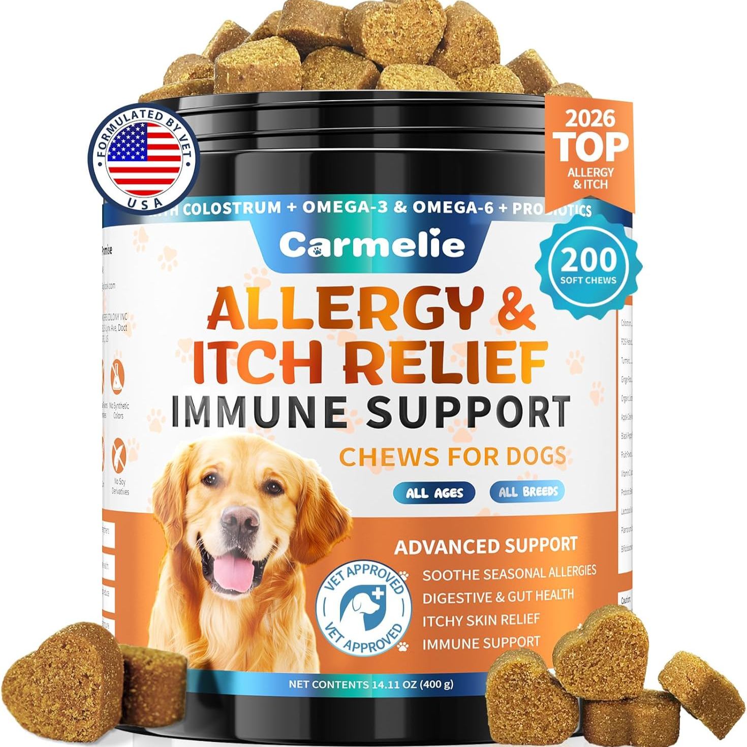 Carmelie Dog Allergy Relief Chews - Dog Itching Skin Relief 200 Chews, Yeast Treatment & Anti Itch Licking Paw, Itchy Skin and Ears for Seasonal Allergies, Probiotics Gut Digestive & Immune Support