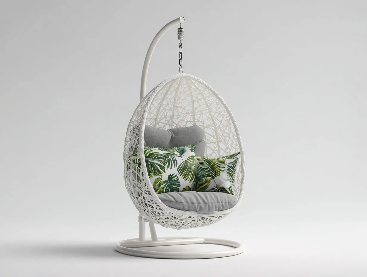 Poltrona sospesa da giardino - metallo-rattan-tessuto - 106x104x198 cm - bianco-grigio - stile moderno-Dengetden