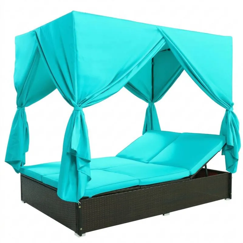 Cama Balinesa Ajustable de Rattan con Tejido Azul Turquesa-Sylverando