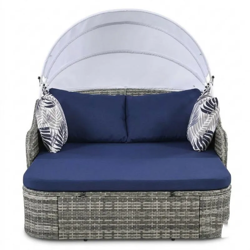 Sofá cama redondo de ratán con cojines azules y dosel-Sylverando