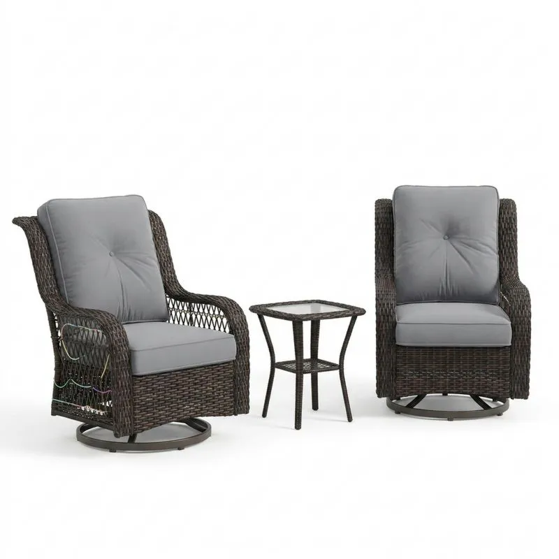 Conjunto de Sillones de Ratán con Cojines Grises y Mesa de Vidrio Templado-Sylverando