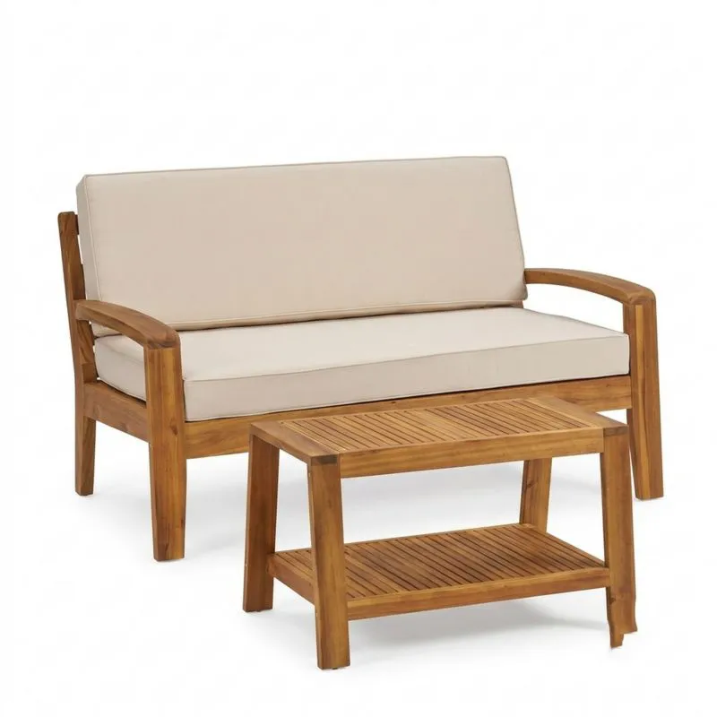 Conjunto de Muebles de Jardín de Madera de Acacia con Cojines de Poliéster Beige-Sylverando