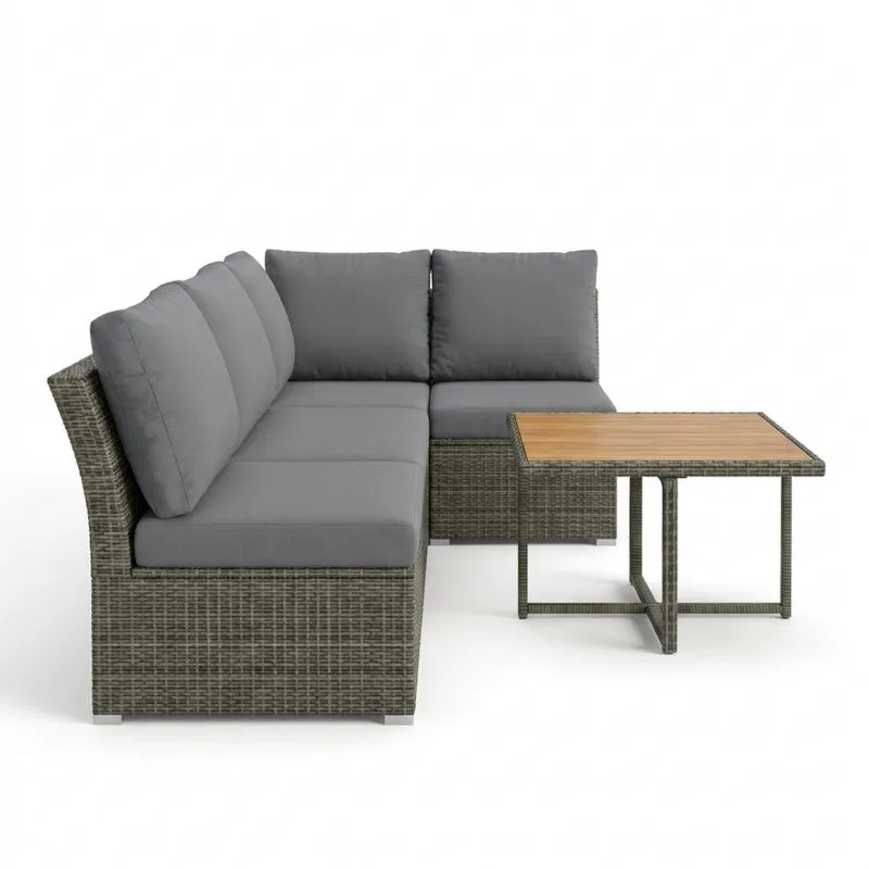 Conjunto de Sofá Esquinero de Ratán con Cojines Grises y Mesa de Madera-Sylverando