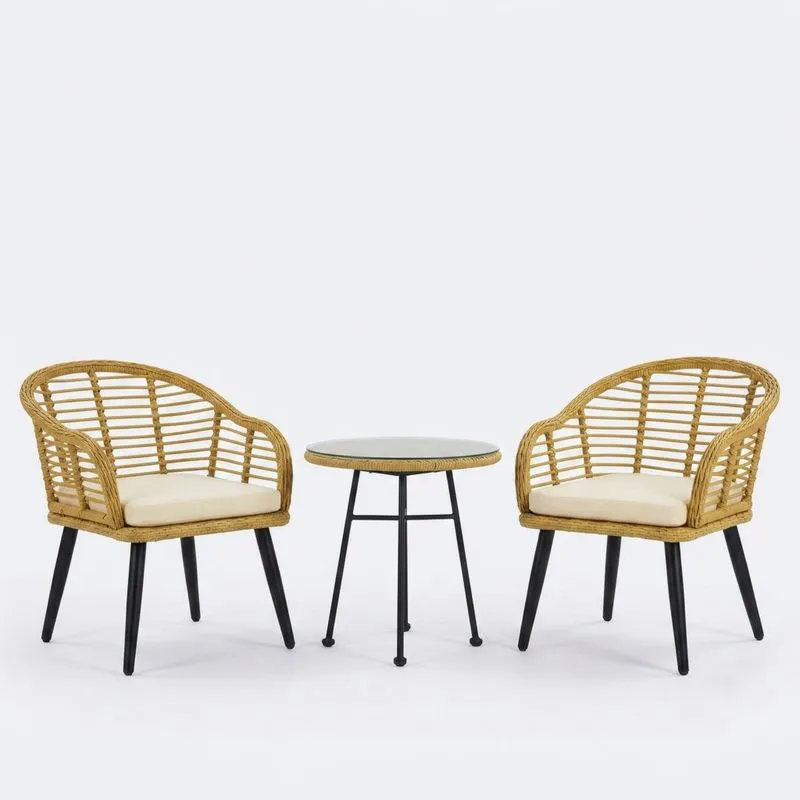 Conjunto de sillas de mimbre con mesa de vidrio templado-Sylverando