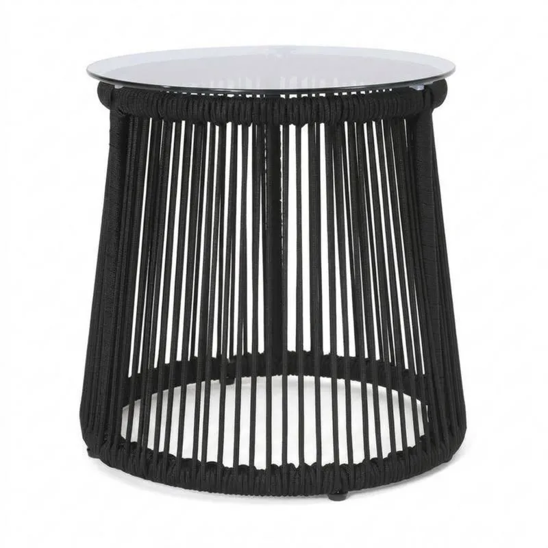 Mesa auxiliar redonda con superficie de vidrio, cuerda y estructura de aleación de aluminio.-Sylverando