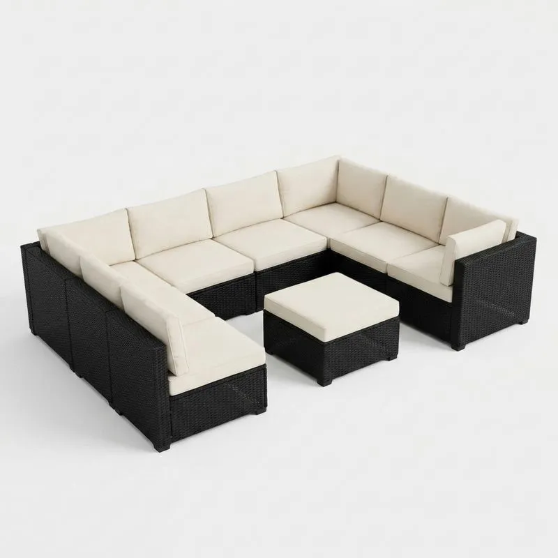 Conjunto de Sofás Modulares de Esquina para Exterior de Ratán Negro con Cojines Color Crema-Sylverando