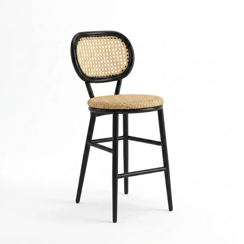 Taburete de bar de ratán trenzado y madera dura negra-Sylverando