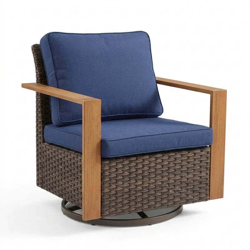 Sillón giratorio de exterior de ratán sintético azul y teca-Sylverando