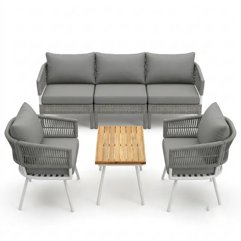 Conjunto de jardín de aluminio y cuerda gris con mesa de madera de acacia-Sylverando
