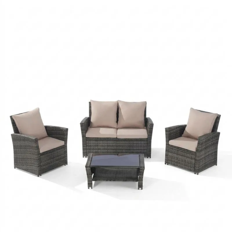 Conjunto de Jardín de Ratán Sintético Gris con Cojines Beige-Sylverando