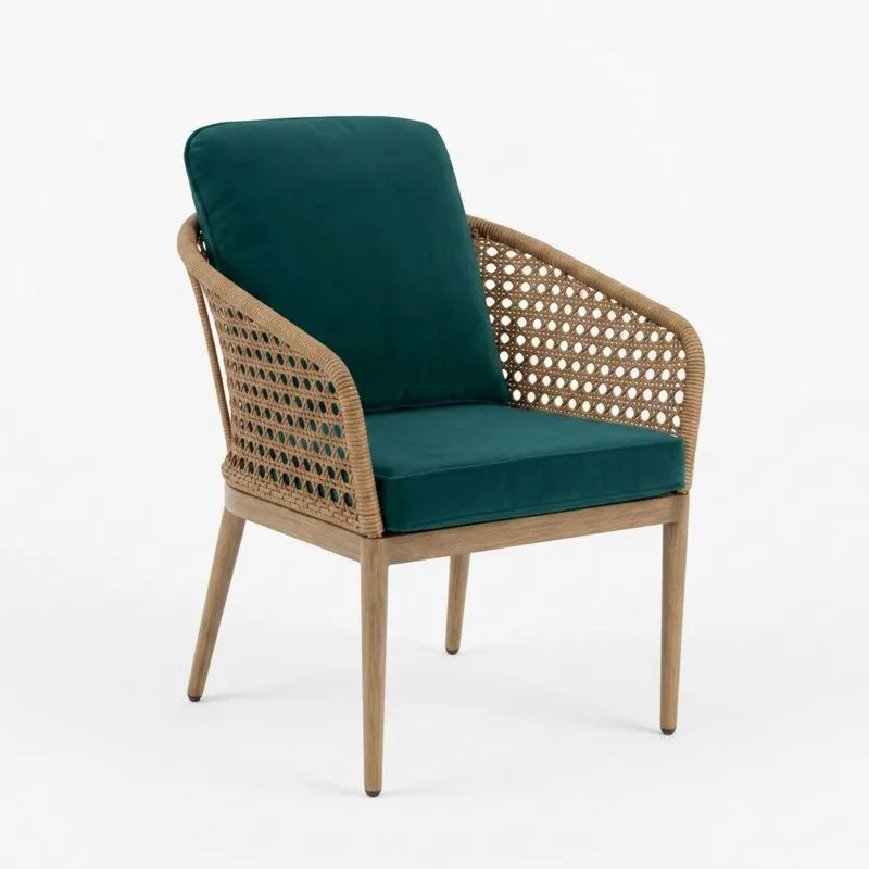 Sillas de madera de acacia y ratán con cojines de tela verde.-Sylverando