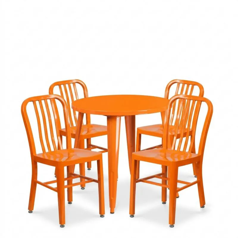 Conjunto de Mesa Redonda y 4 Sillas de Acero Naranja-Sylverando